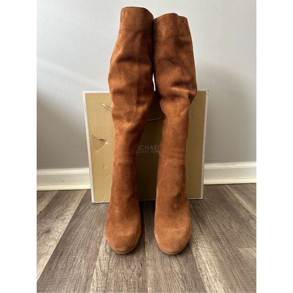 Michael Kors Slouchy Suede Round Toe Heeled Pull-on Leigh Boots Luggage Size 10 - Picture 3 of 12